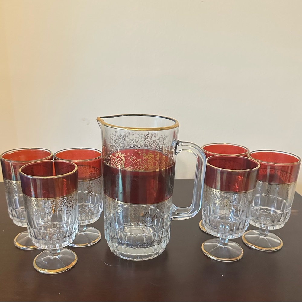 Red Band w/ Gold Filigree Glass Pitcher & Stemmed Tumblers Set